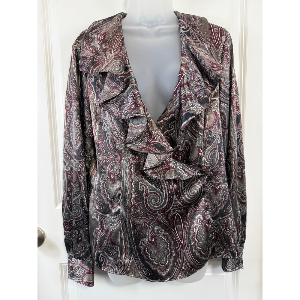 VTG Jones New York Paisley Wrap Blouse Burgundy Grey 12 Goth Academia Boho Silky
